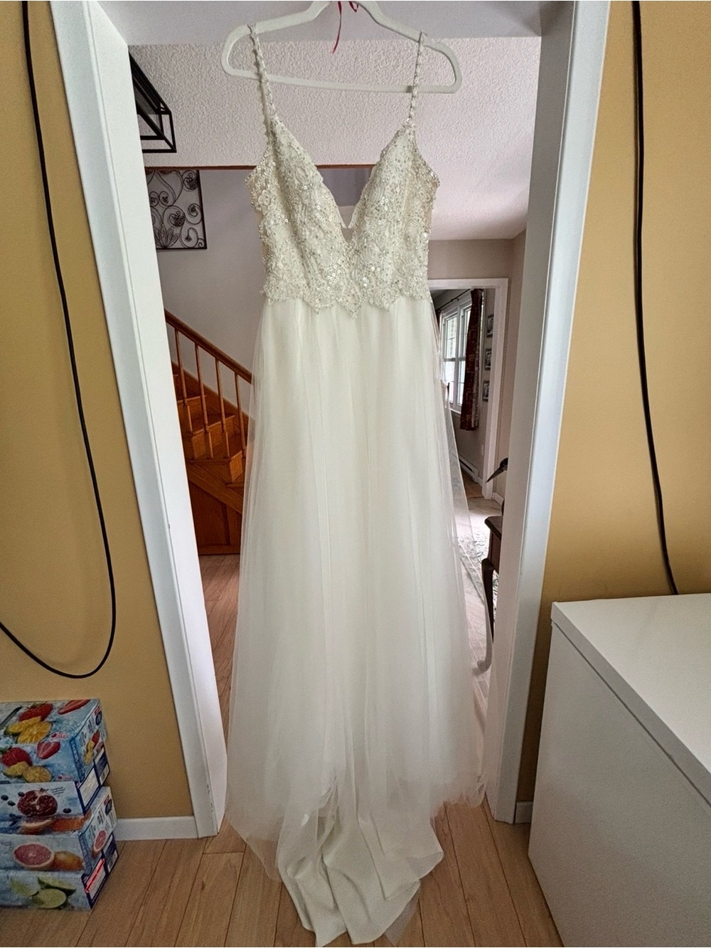 Eddy K Beaded Lace Spaghetti Strap Wedding Dress in Ivory